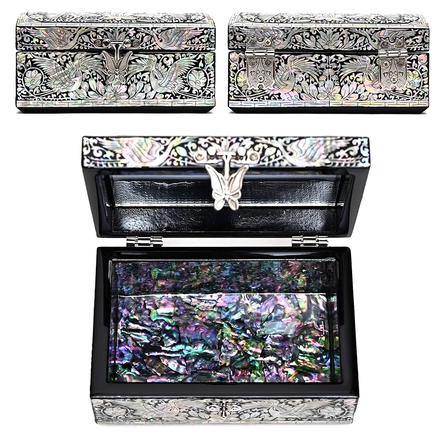 ジュエリーボックス　漆器　マザーオブパール マザーオブパールジュエリーボックス,ミラー蓋付き,手作り,女性
